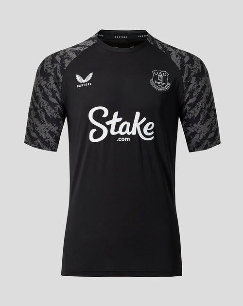 Everton FC men's black performance short sleeve shirt with grey camo sleeves and Stake sponsor logo