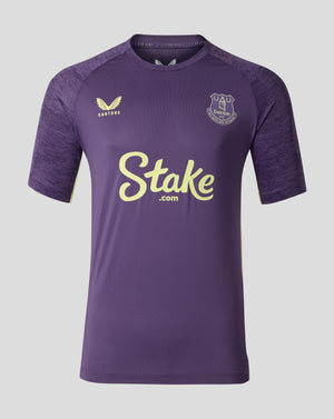Front view of Everton FC Loganberry performance T shirt with club crest on the chest and Stake sponsor across the front