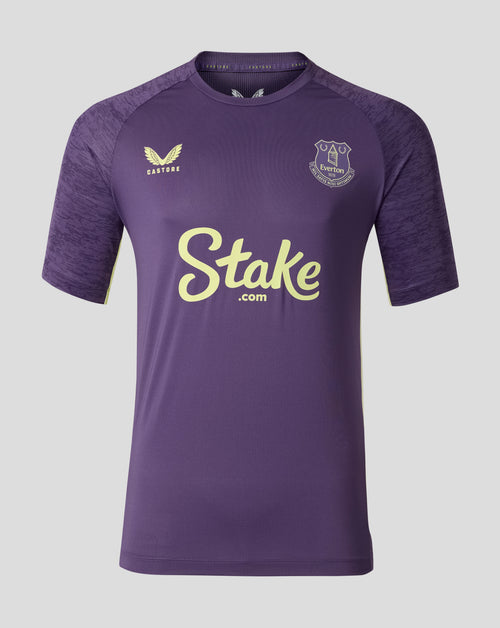 Front view of Everton FC Loganberry performance T shirt with club crest on the chest and Stake sponsor across the front