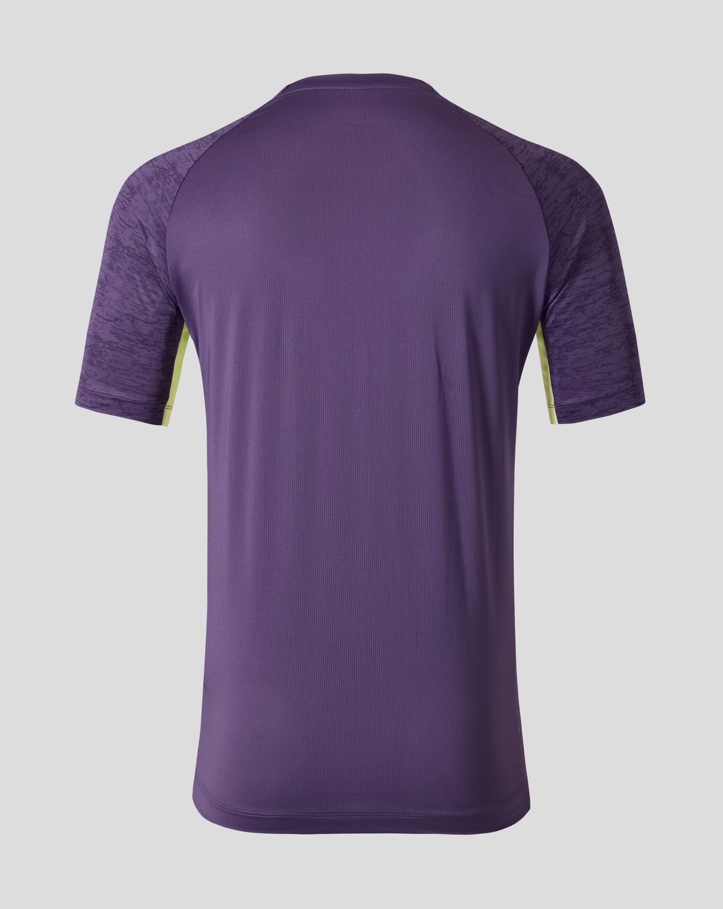 Back view of Everton FC Loganberry performance T shirt showing purple body and heathered sleeves