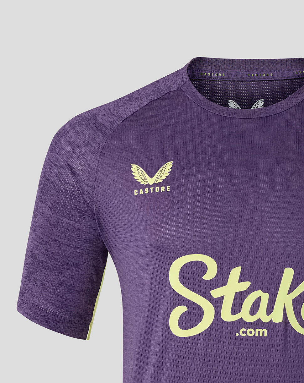Everton FC men's Loganberry short sleeve performance T shirt with Castore logo and Stake sponsor across chest.