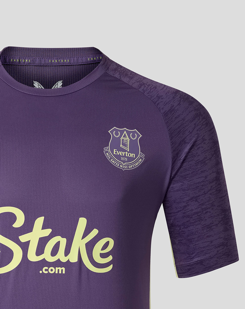 Close up of Everton crest on the chest and the Stake logo across the front of a Loganberry T shirt