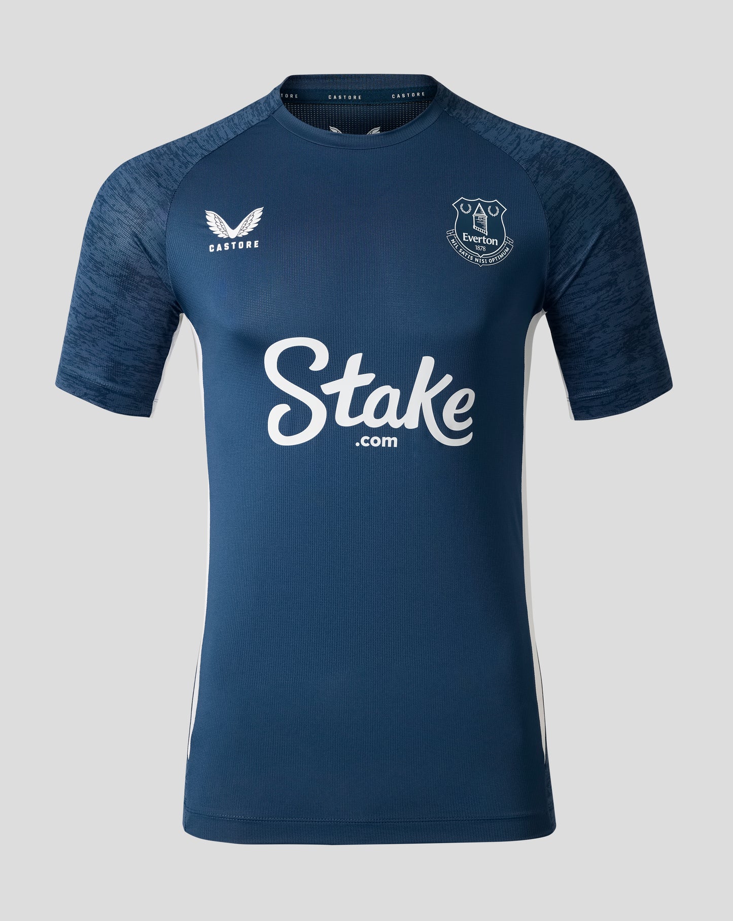 Moonlit Ocean navy short sleeve performance tee with Everton crest on the chest and large Stake logo across the front