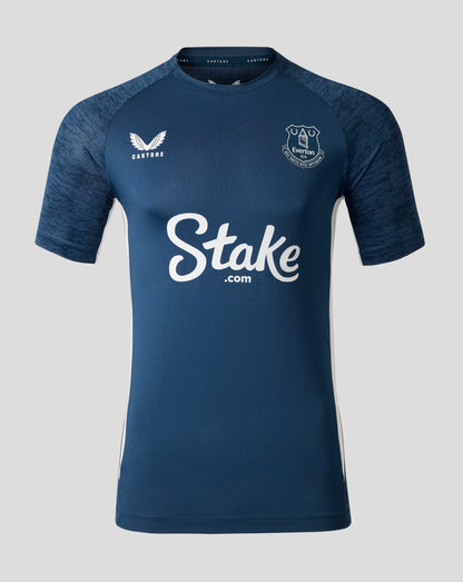 Moonlit Ocean navy short sleeve performance tee with Everton crest on the chest and large Stake logo across the front