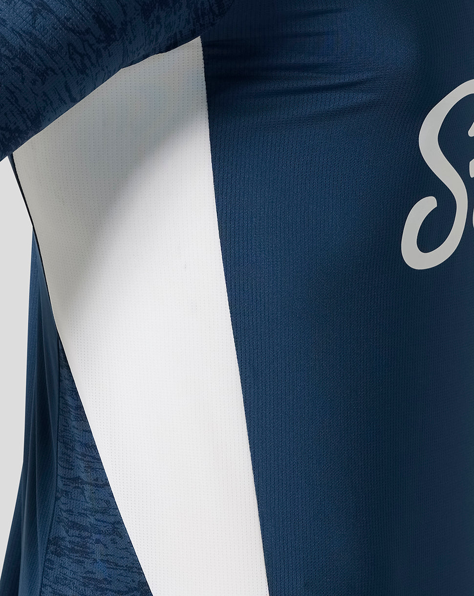 Close up of Everton Moonlit Ocean performance short sleeve T shirt in navy with a contrasting white side panel
