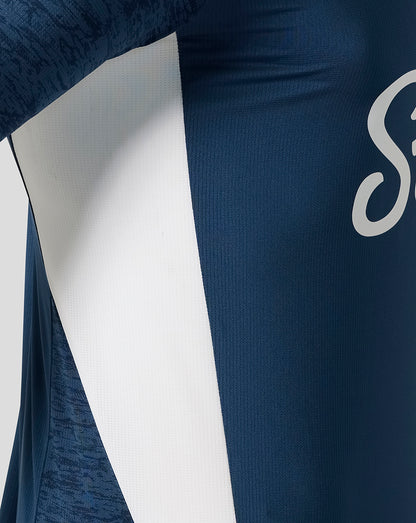 Close up of Everton Moonlit Ocean performance short sleeve T shirt in navy with a contrasting white side panel