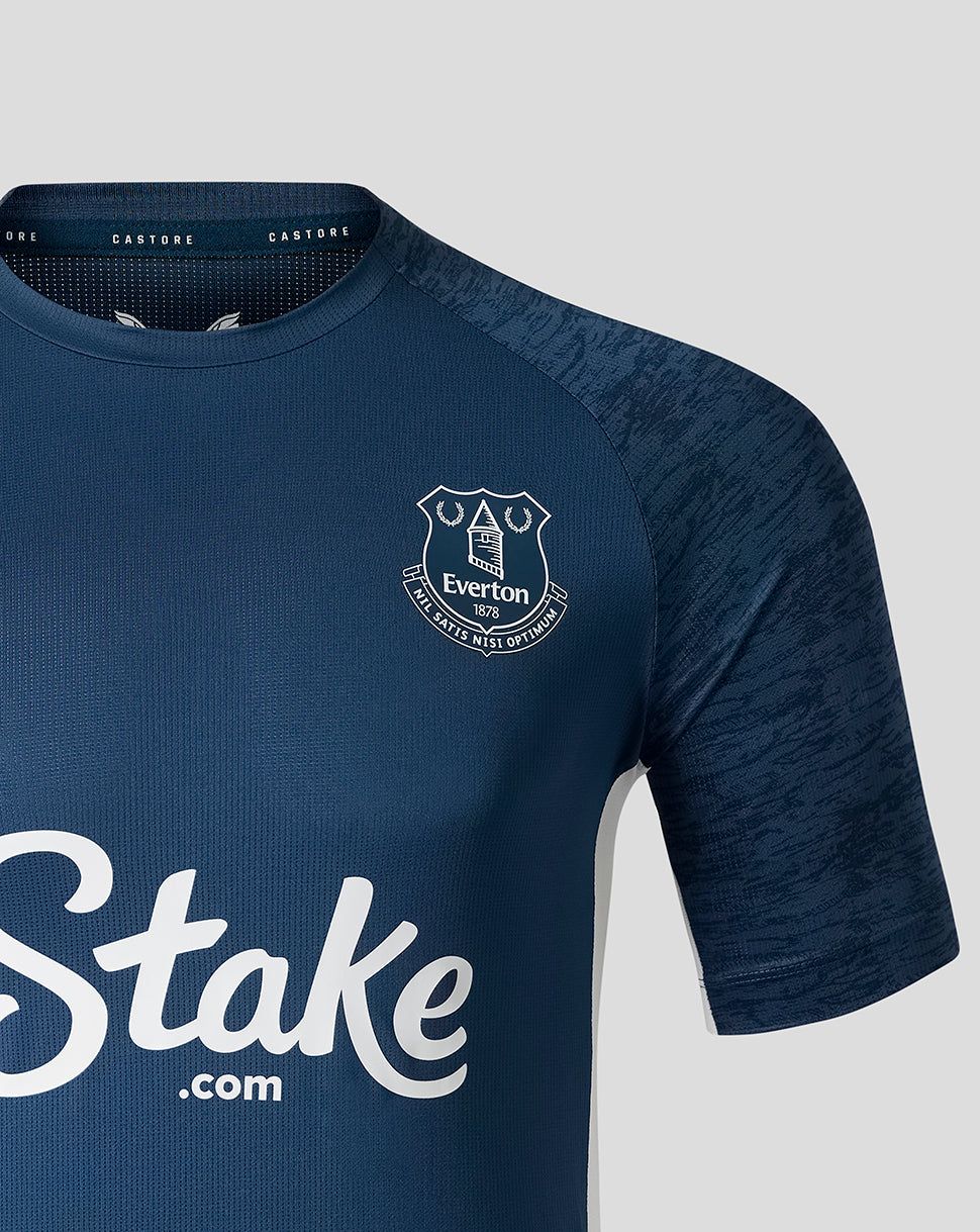 Front view of Everton FC Moonlit Ocean performance T-shirt with crest on the left chest and large Stake.com logo.