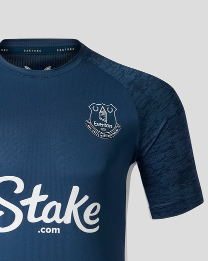 Front view of Everton FC Moonlit Ocean performance T-shirt with crest on the left chest and large Stake.com logo.