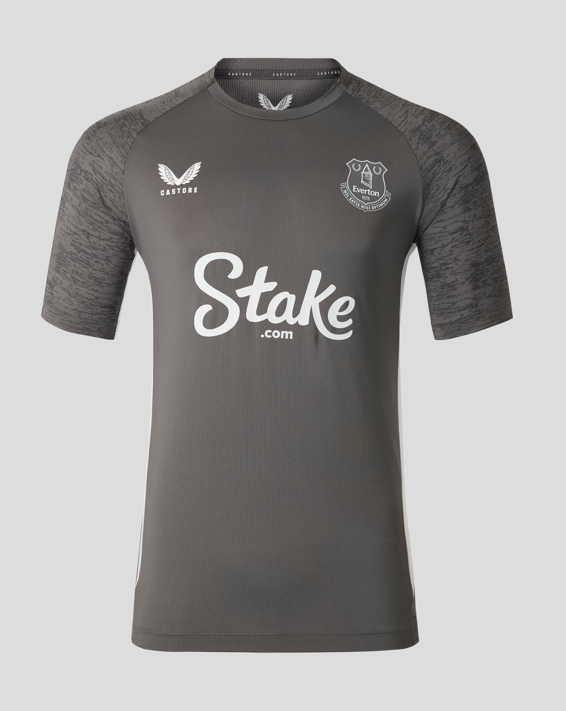 Everton mens 25/26 performance short sleeve T shirt in thunderstorm gray with crest on chest and Stake sponsor logo.