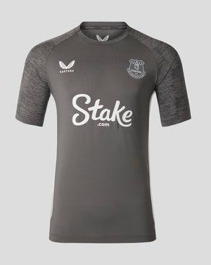 Everton mens 25/26 performance short sleeve T shirt in thunderstorm gray with crest on chest and Stake sponsor logo.