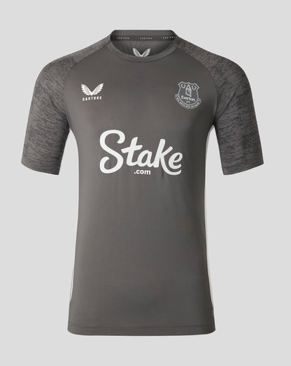Everton mens 25/26 performance short sleeve T shirt in thunderstorm gray with crest on chest and Stake sponsor logo.