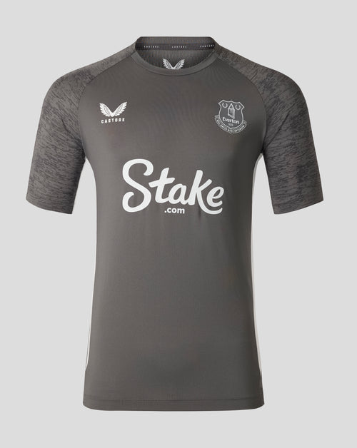 Everton mens 25/26 performance short sleeve T shirt in thunderstorm gray with crest on chest and Stake sponsor logo.
