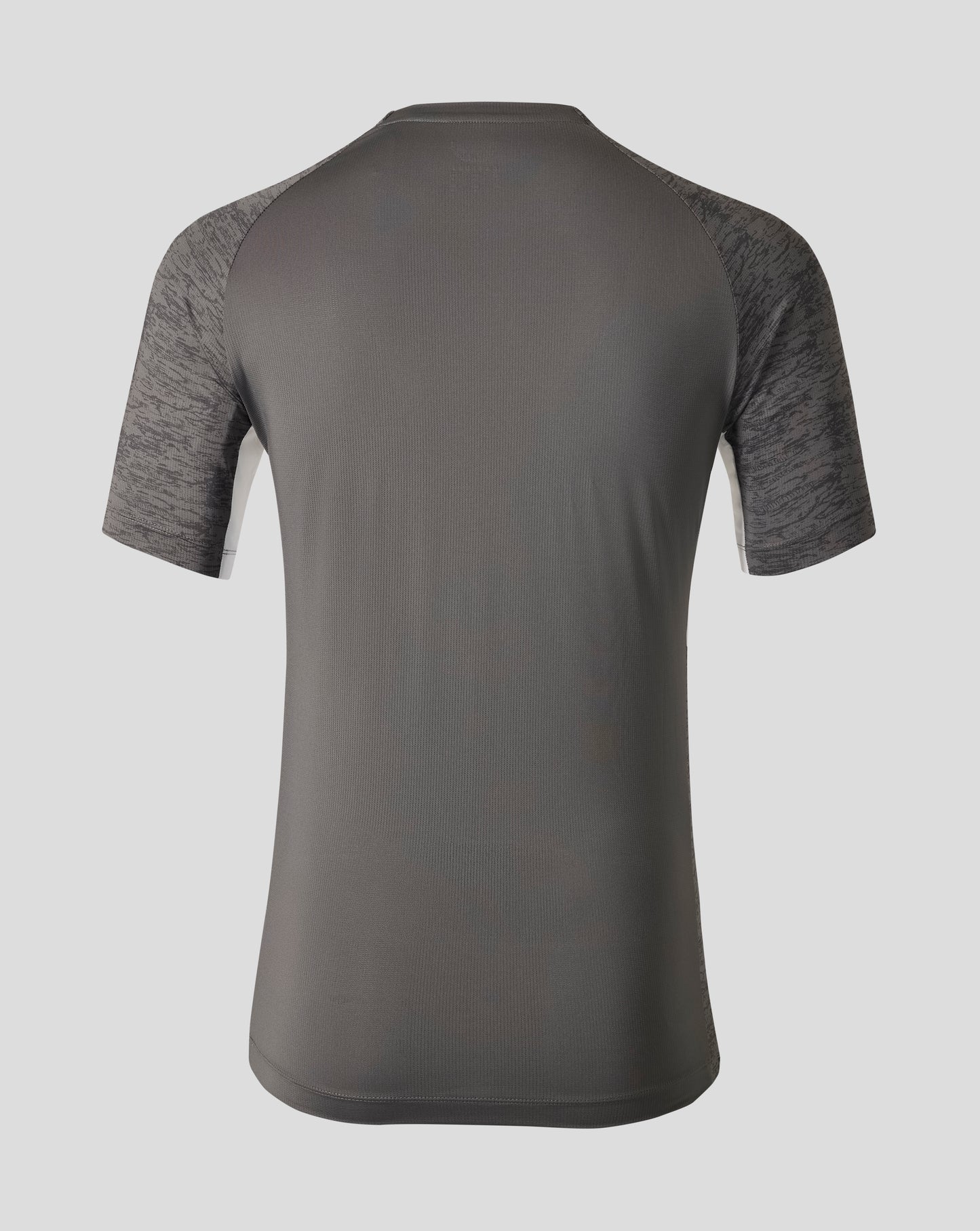 Back view of Everton performance short sleeve T shirt in thunderstorm gray with camo patterned sleeves.