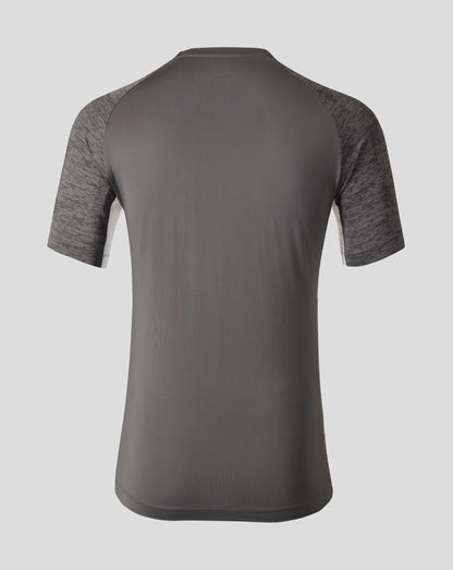 Back view of Everton performance short sleeve T shirt in thunderstorm gray with camo patterned sleeves.