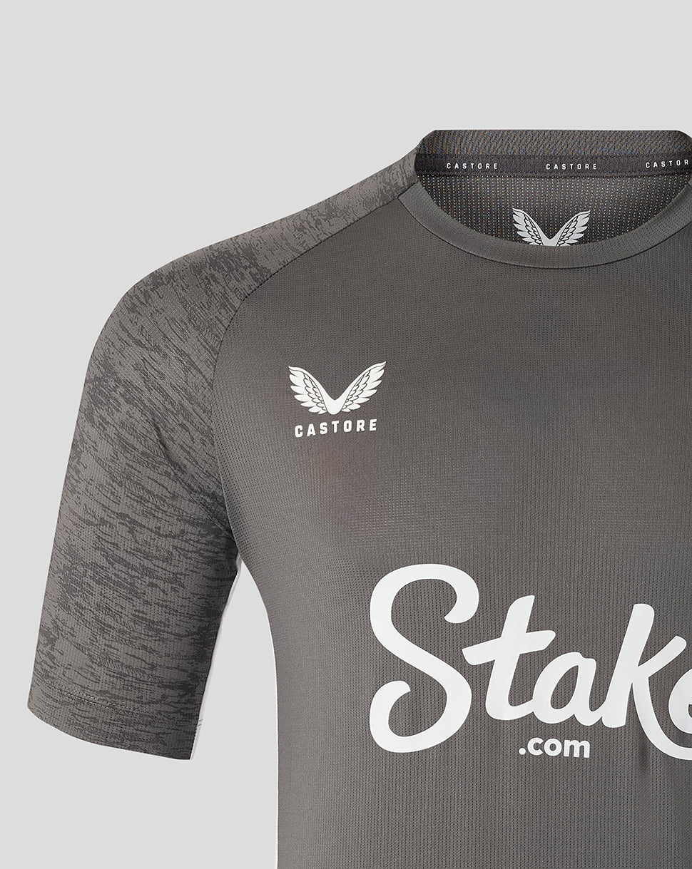 Front view of Everton FC performance shirt in thunderstorm gray with left chest crest and camo textured sleeves and large white script across torso