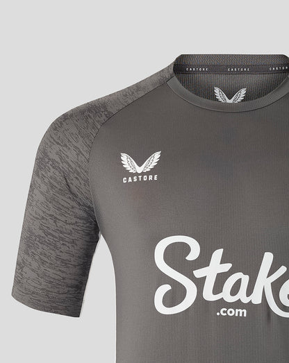 Front view of Everton FC performance shirt in thunderstorm gray with left chest crest and camo textured sleeves and large white script across torso