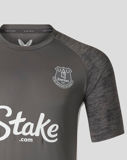 Everton FC men's 25/26 performance T shirt in thunderstorm gray with club crest on left chest and large white script across front