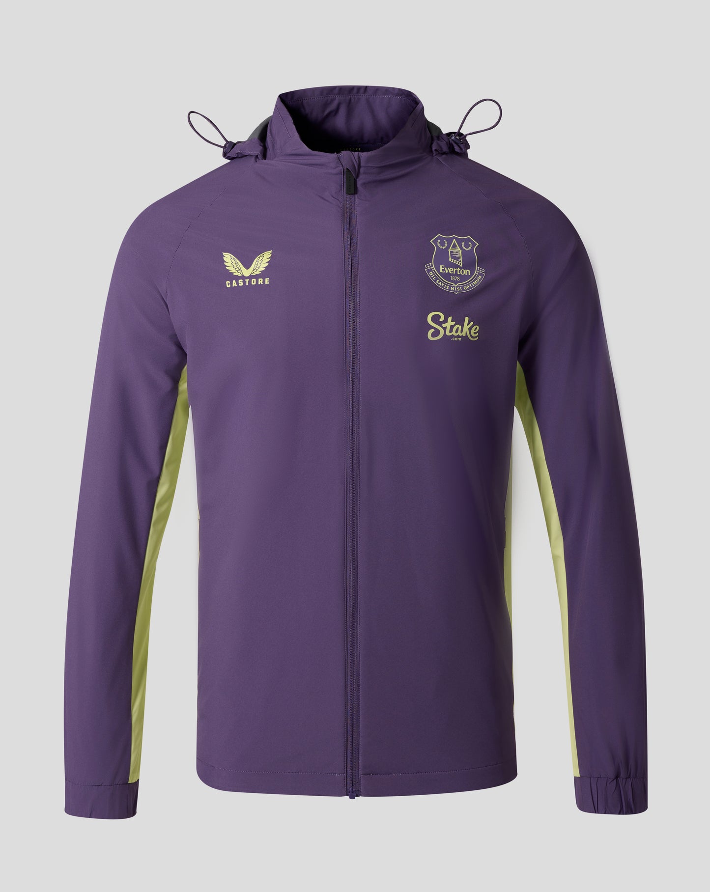 Everton FC packable hooded shower jacket in Loganberry purple with lime side panels and crest on chest.