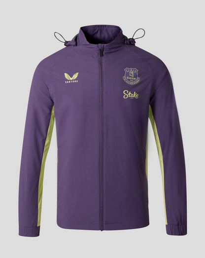 Everton FC packable hooded shower jacket in Loganberry purple with lime side panels and crest on chest.