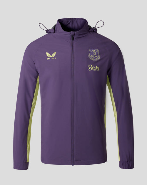 Everton FC packable hooded shower jacket in Loganberry purple with lime side panels and crest on chest.