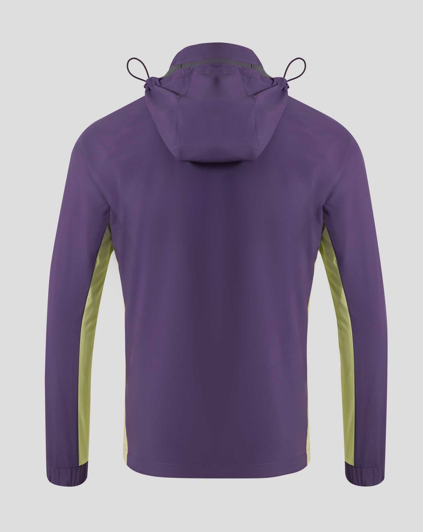 Back view of purple Loganberry packable hooded jacket with lime green side panels and drawstrings