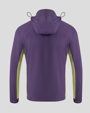 Back view of purple Loganberry packable hooded jacket with lime green side panels and drawstrings