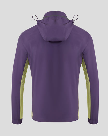 Back view of purple Loganberry packable hooded jacket with lime green side panels and drawstrings