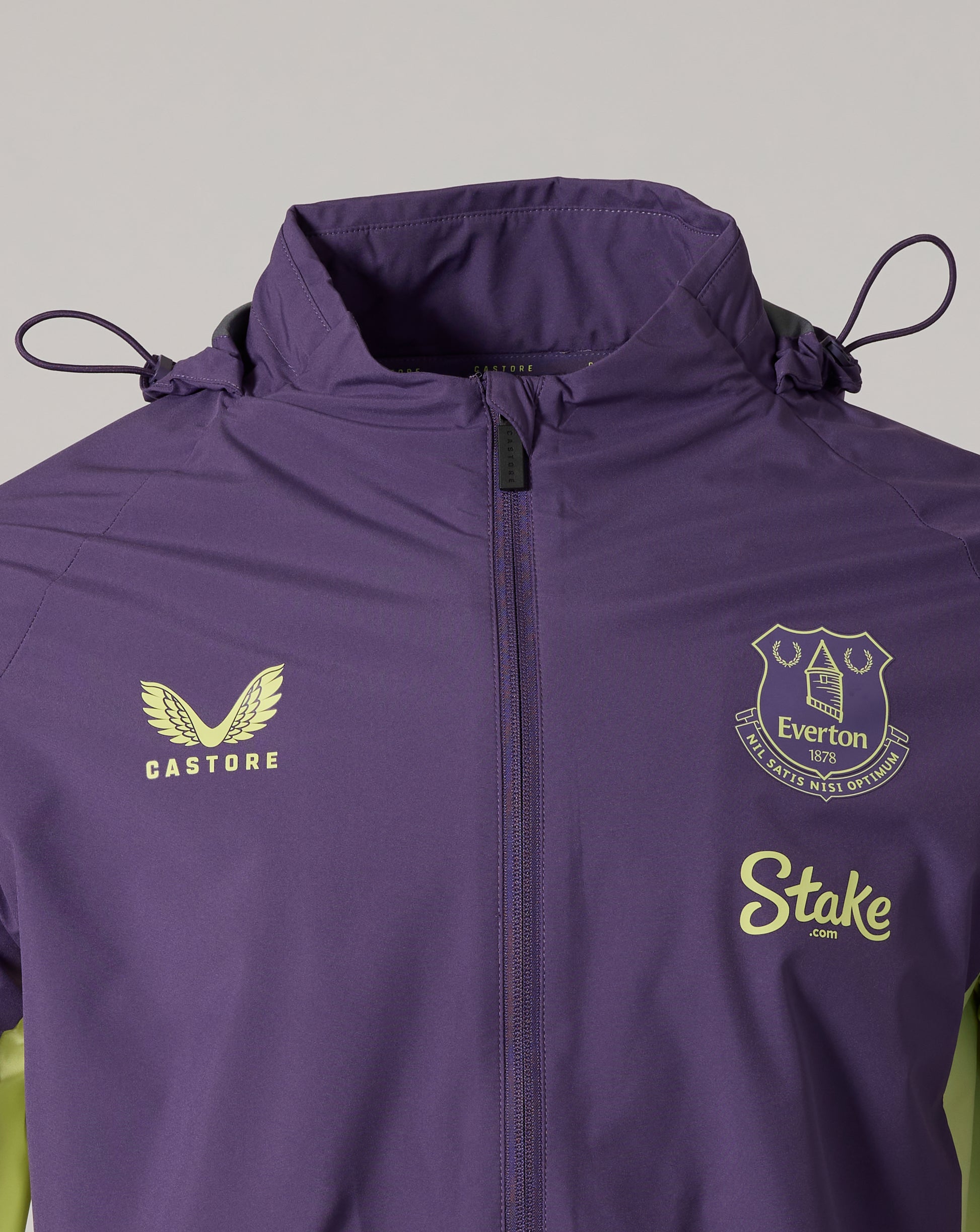 Front view of purple packable hooded jacket with zip front and Everton crest on chest