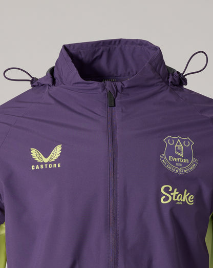 Front view of purple packable hooded jacket with zip front and Everton crest on chest
