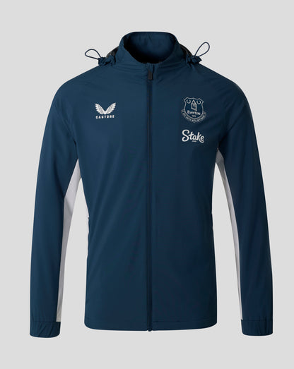 Front view of a navy Everton performance hooded shower jacket with drawstring hood and club logos