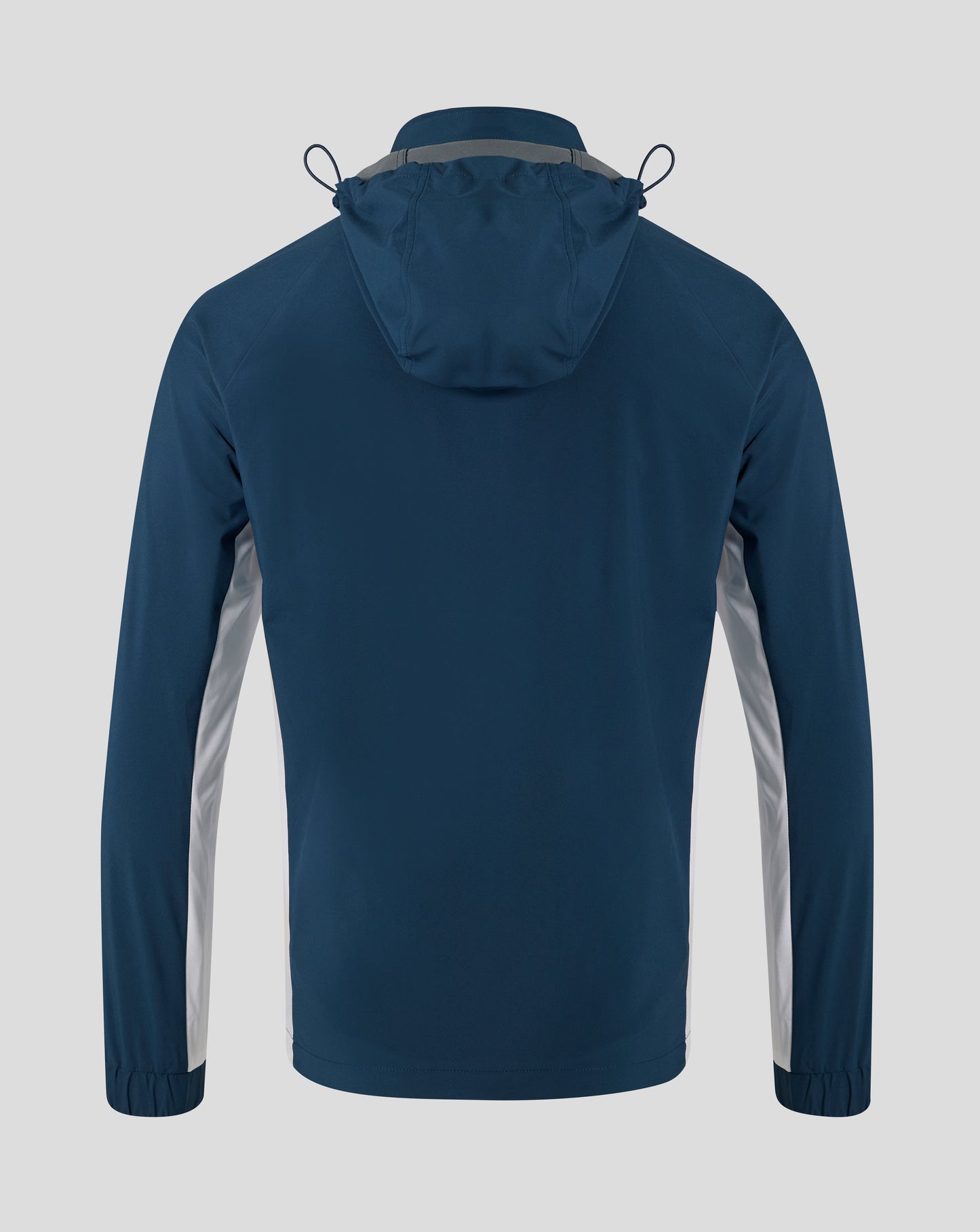 Rear view of navy Everton packable hooded jacket showing the hood and back silhouette