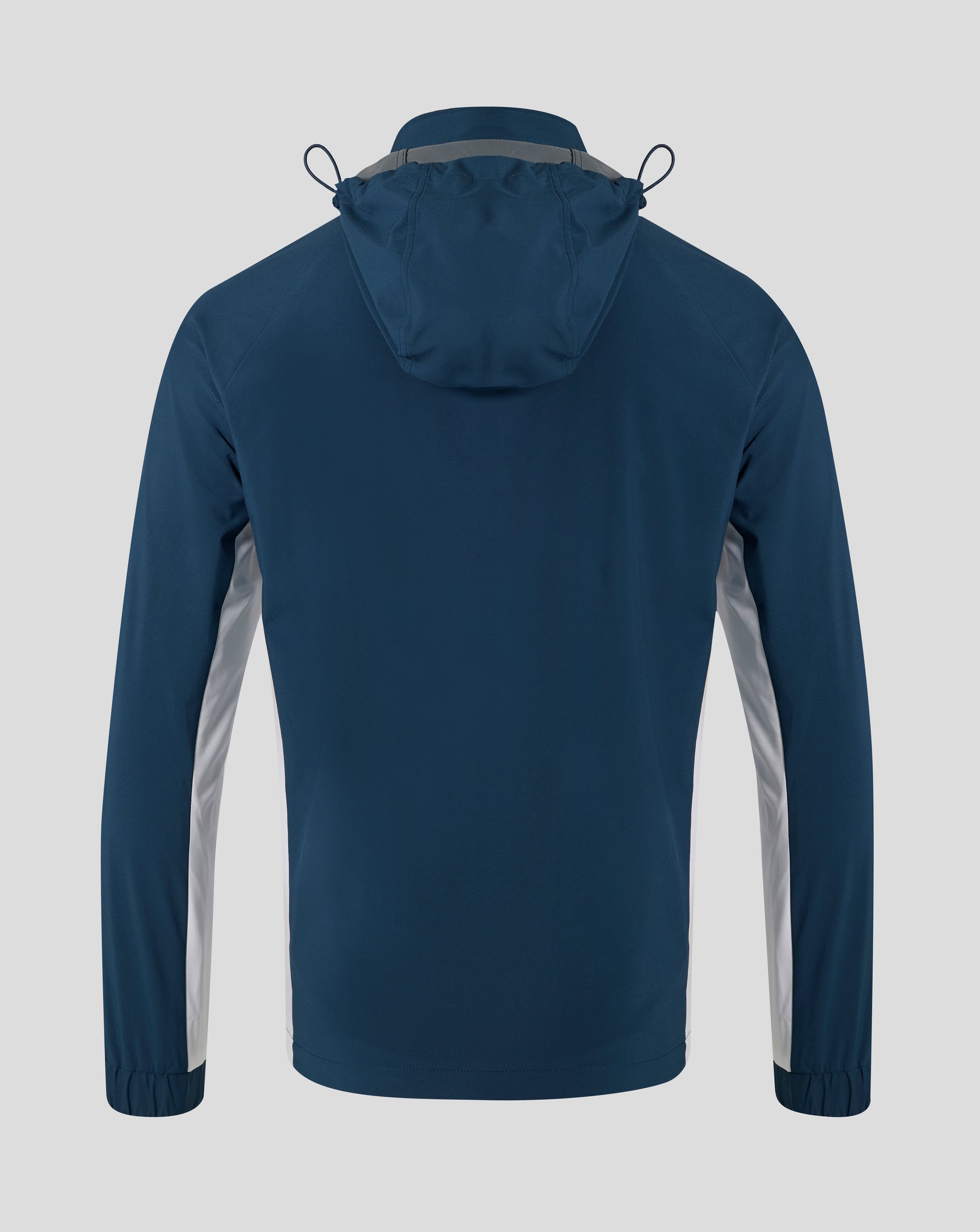 Rear view of navy Everton packable hooded jacket showing the hood and back silhouette