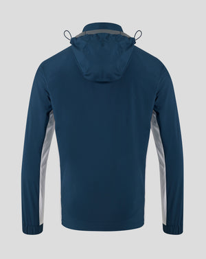 Rear view of navy Everton packable hooded jacket showing the hood and back silhouette