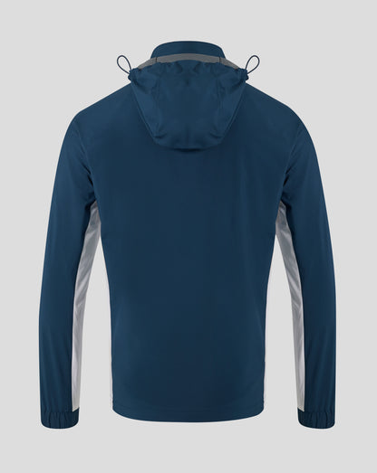 Rear view of navy Everton packable hooded jacket showing the hood and back silhouette