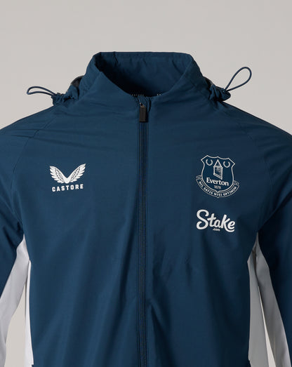Moonlit Ocean Everton packable hooded jacket close up of chest with Everton crest and Castore logo and front zipper