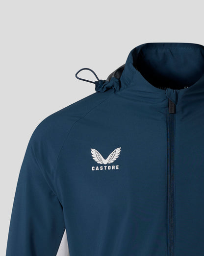 Moonlit Ocean Everton packable hooded jacket close up of hood neckline with adjustable drawstring and front zipper