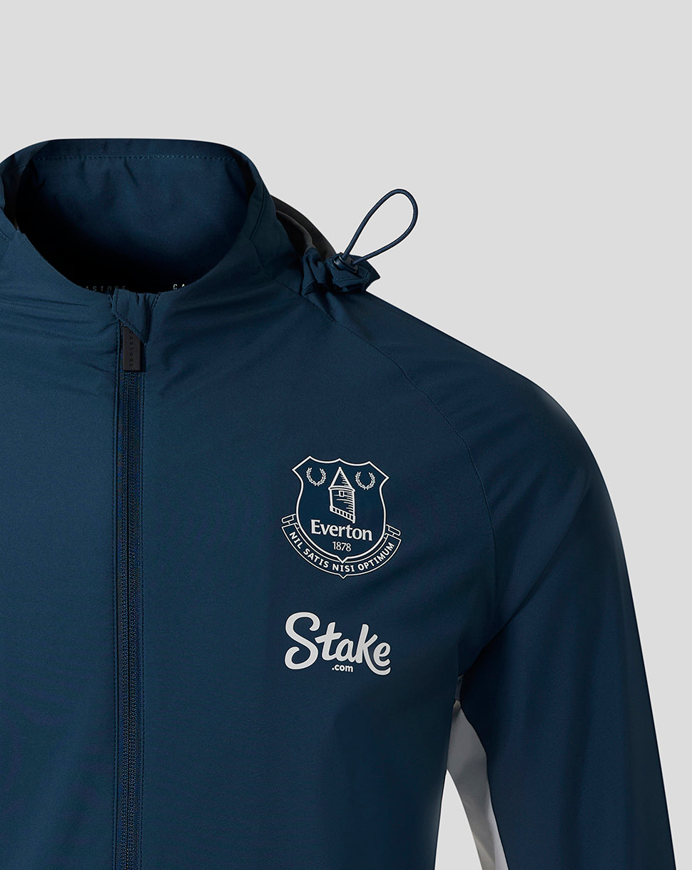 Moonlit Ocean Everton packable hooded jacket chest area featuring crest and Stake logo