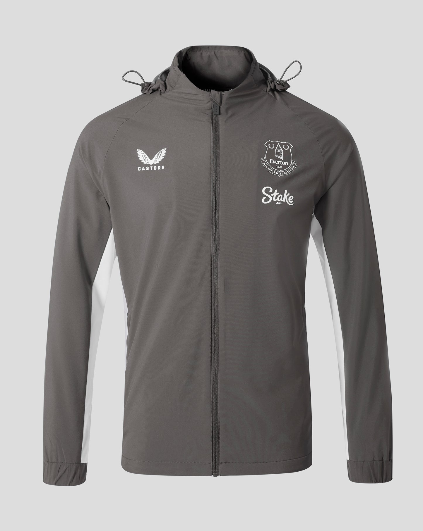 Front view of Everton FC Thunderstorm packable hooded shower jacket with Castore logo on the left chest and Everton crest on the right.