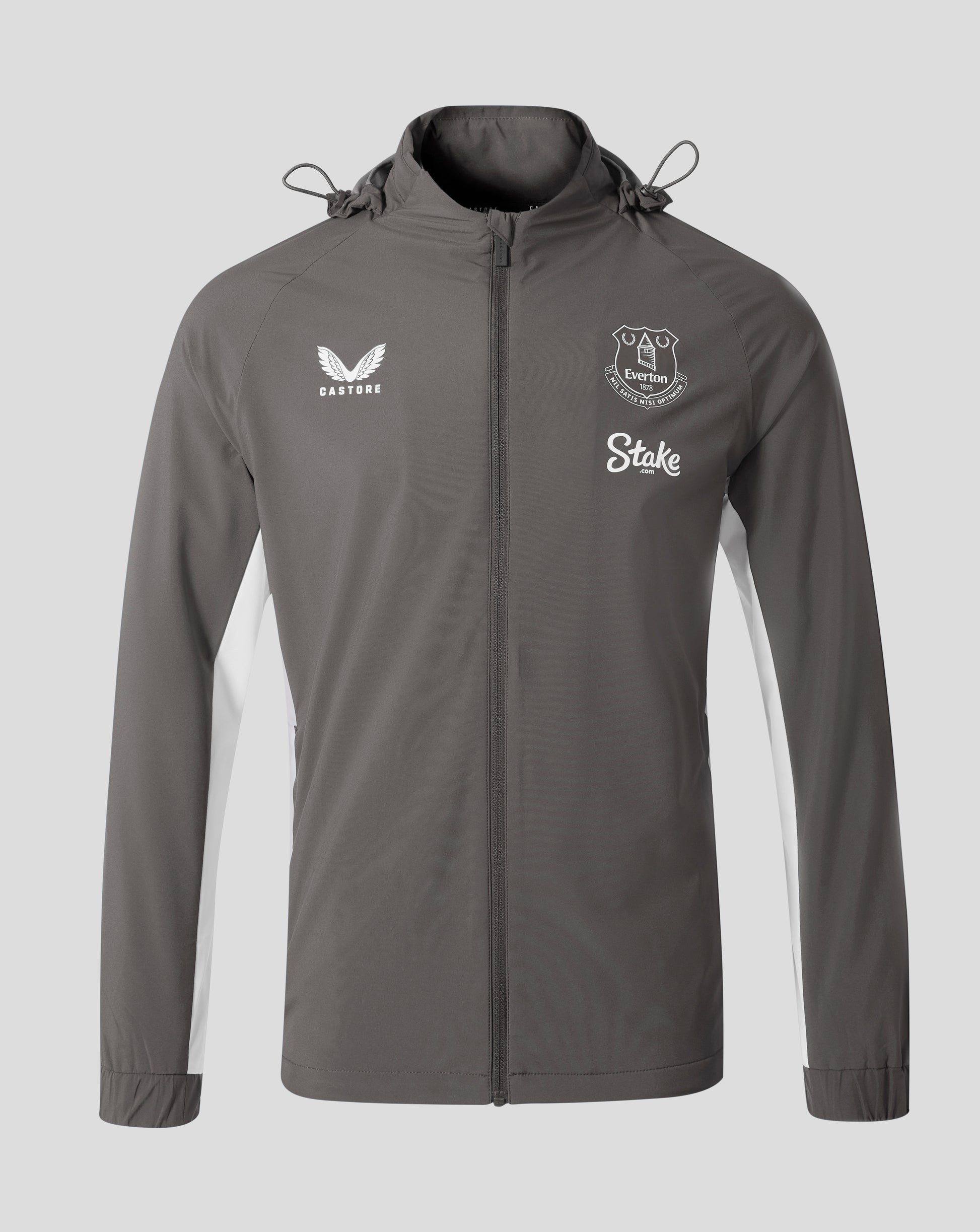 Front view of Everton FC Thunderstorm packable hooded shower jacket with Castore logo on the left chest and Everton crest on the right.