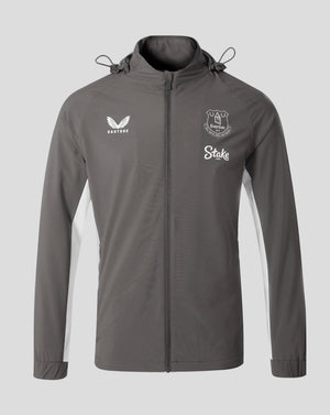 Front view of Everton FC Thunderstorm packable hooded shower jacket with Castore logo on the left chest and Everton crest on the right.