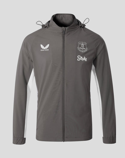 Front view of Everton FC Thunderstorm packable hooded shower jacket with Castore logo on the left chest and Everton crest on the right.