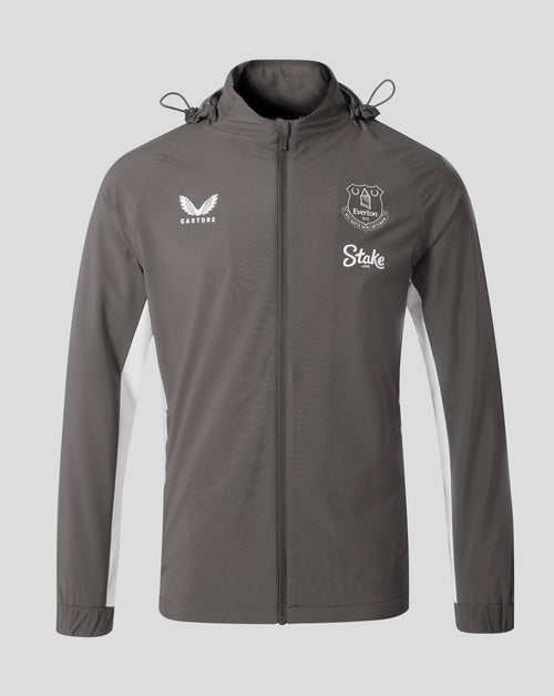 Front view of Everton FC Thunderstorm packable hooded shower jacket with Castore logo on the left chest and Everton crest on the right.