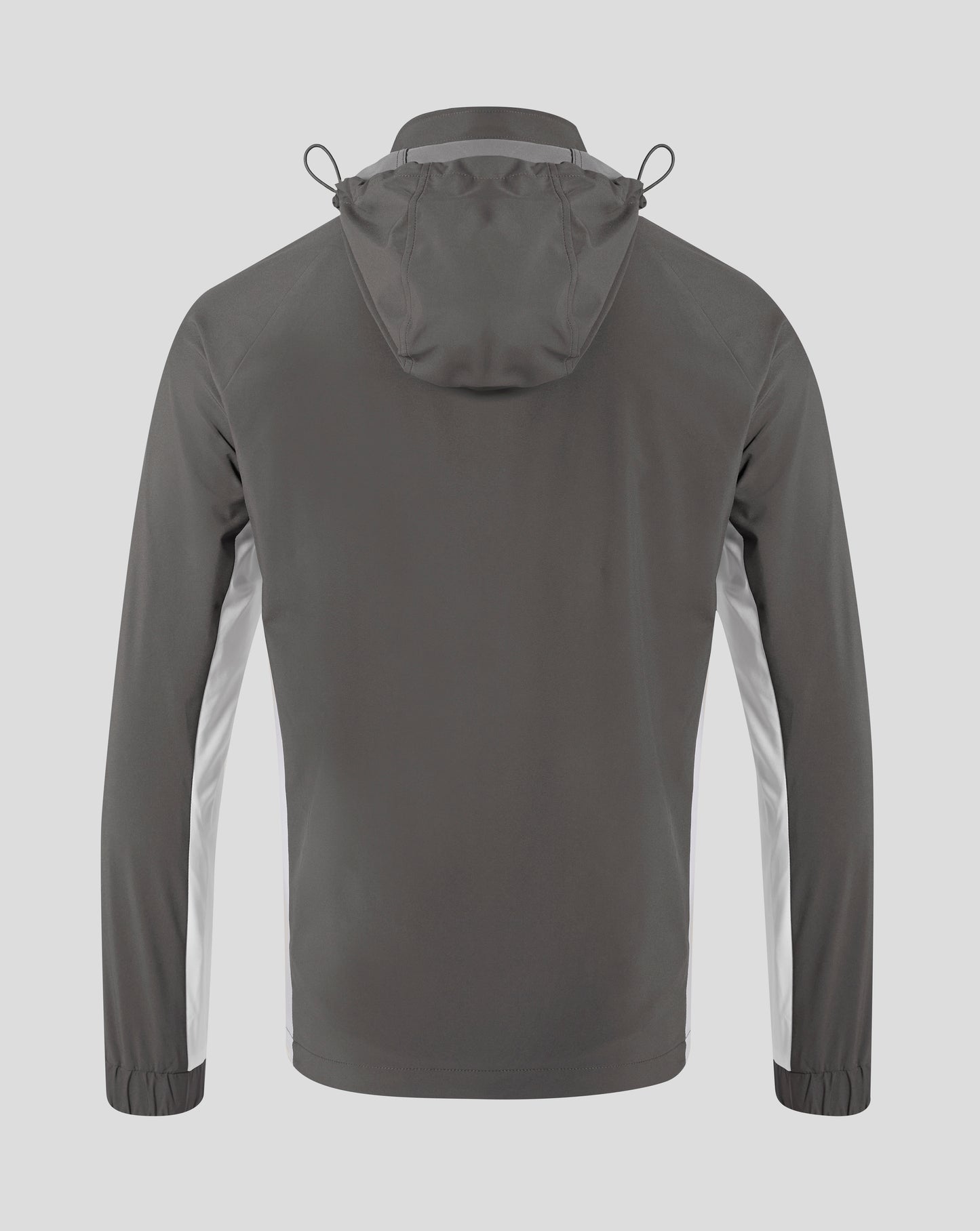 Back view of the packable hooded jacket showing the hood and drawstrings.