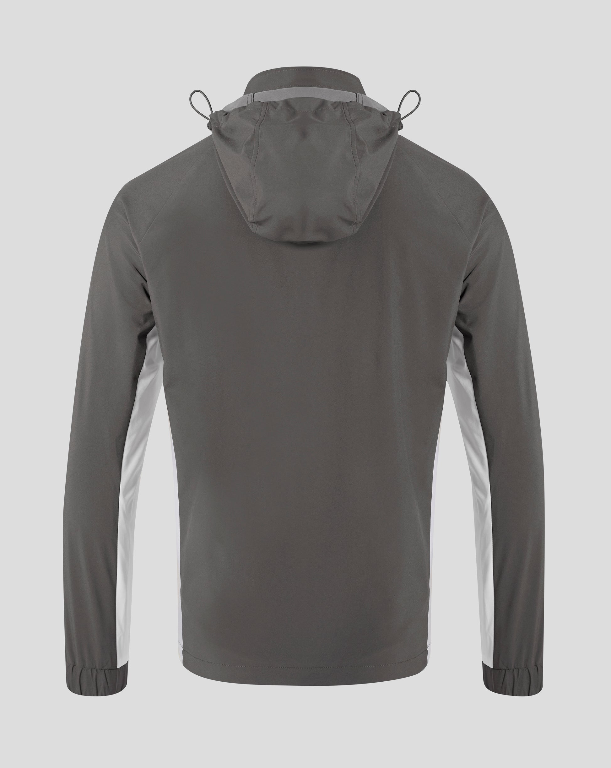 Back view of the packable hooded jacket showing the hood and drawstrings.