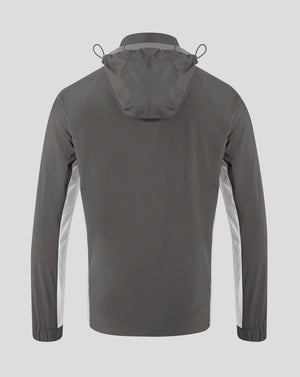 Back view of the packable hooded jacket showing the hood and drawstrings.