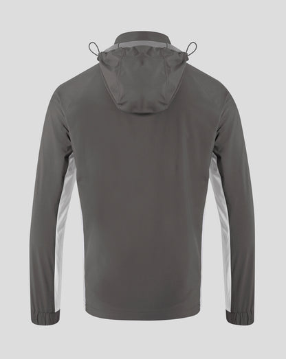 Back view of the packable hooded jacket showing the hood and drawstrings.