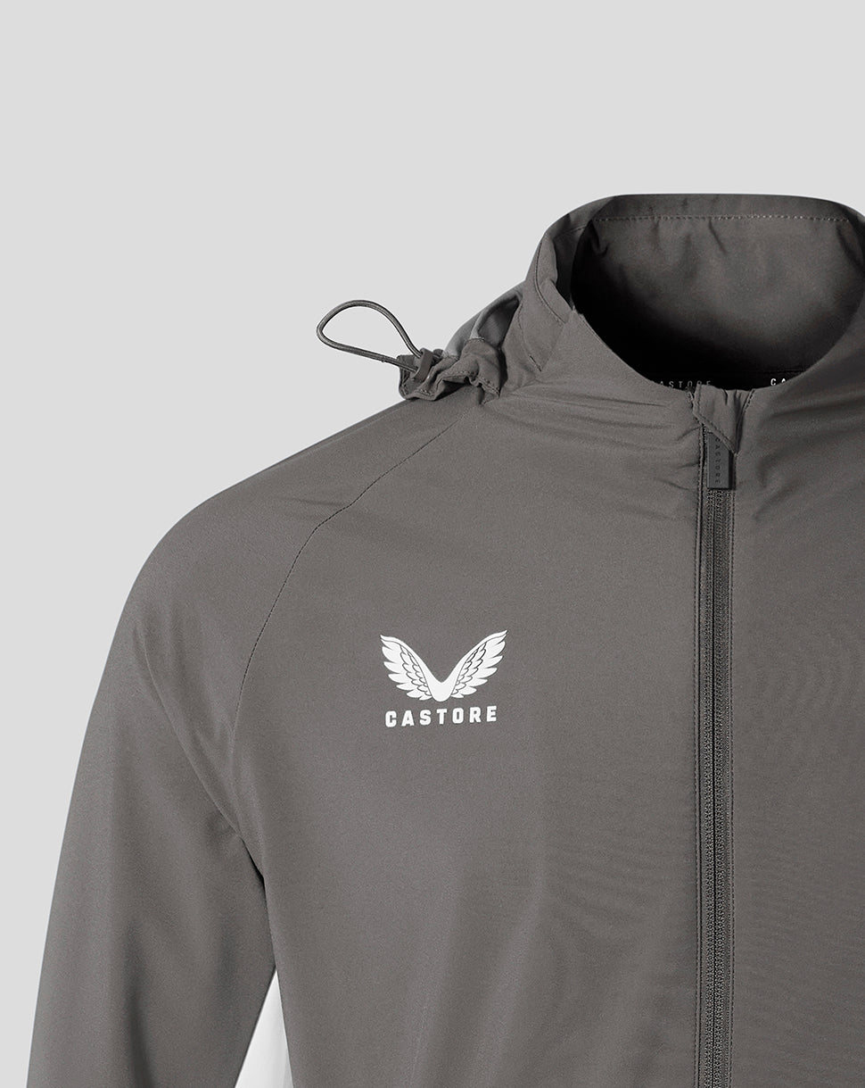 Everton FC packable hooded shower jacket in Thunderstorm gray with front zipper and white winged CASTORE logo on chest