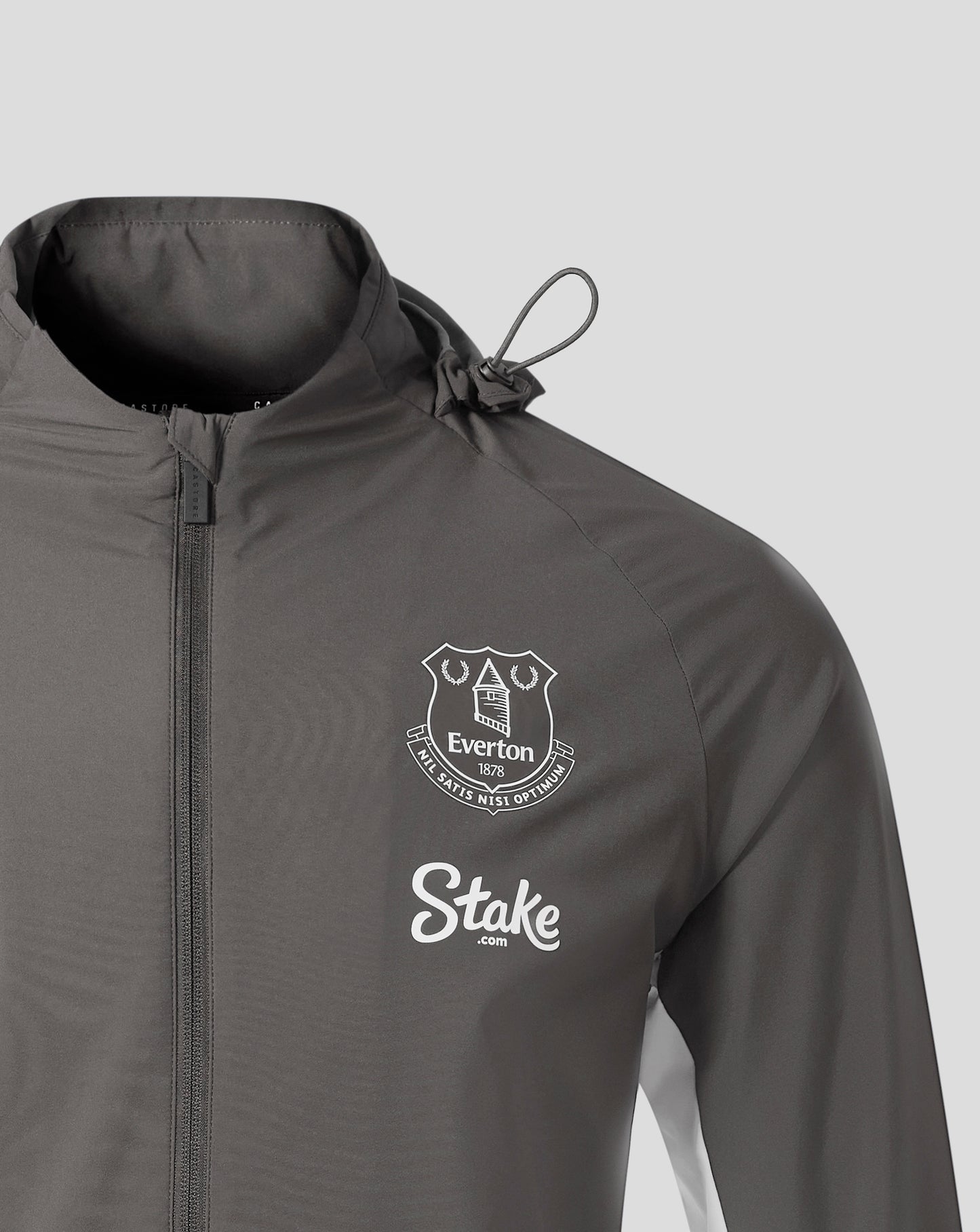 Everton men's Thunderstorm packable hooded shower jacket close up on chest with front zipper and hood drawcord, featuring the Everton crest.