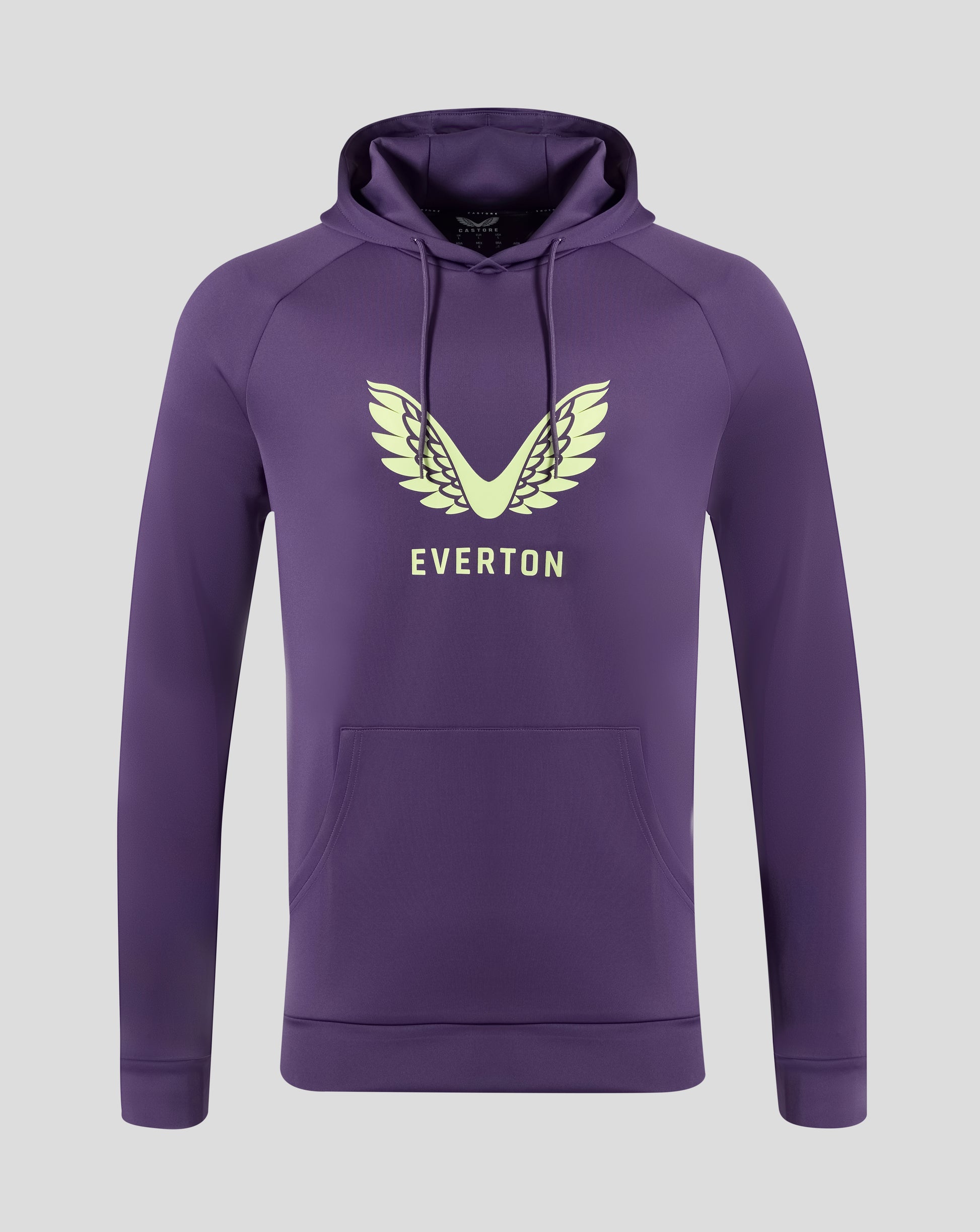 Purple Loganberry Everton hoodie with pale yellow wing emblem and EVERTON lettering on the chest