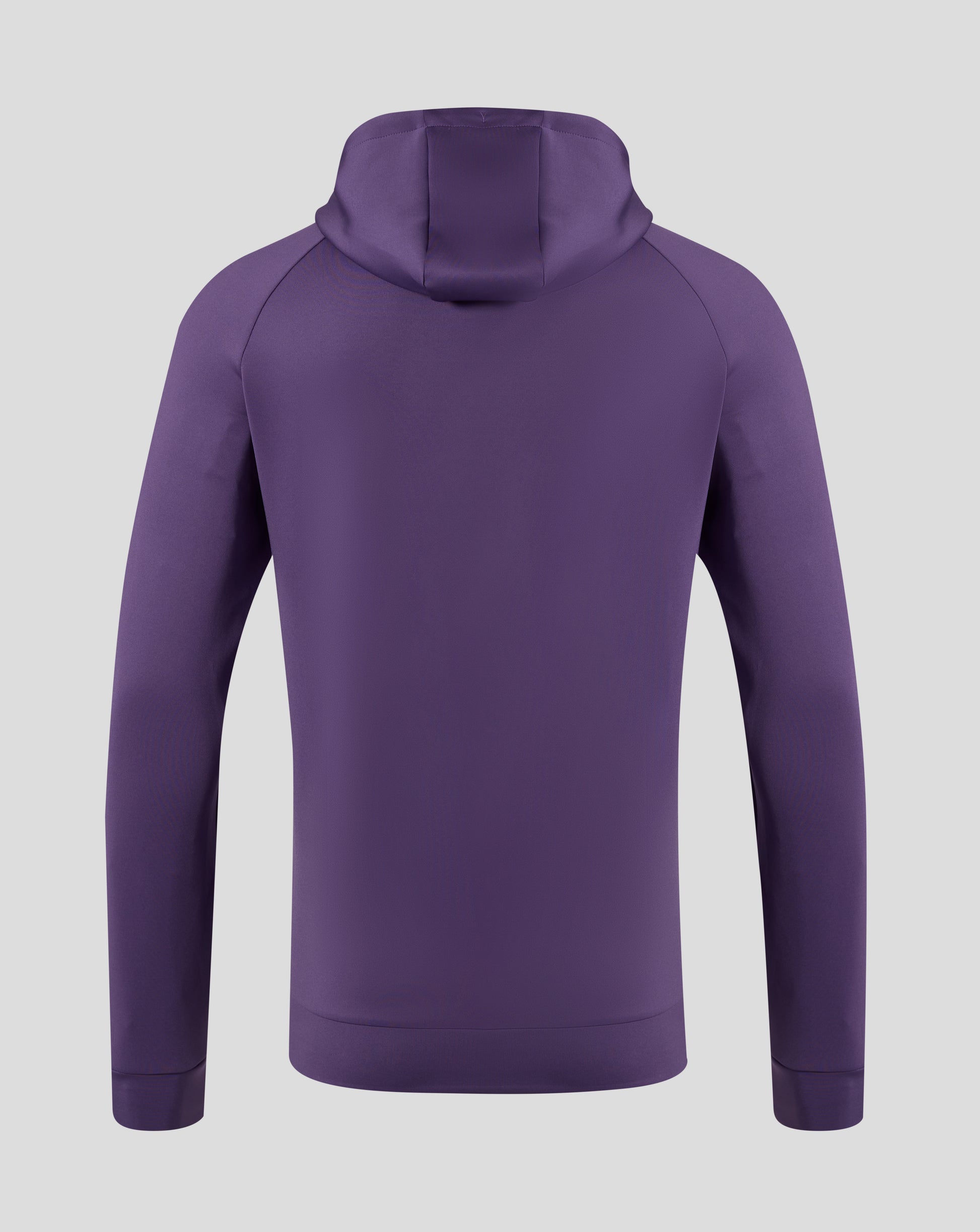 Back view of Everton FC 25/26 presentation scuba logo hoodie in Loganberry with hood up